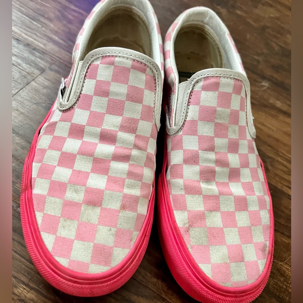 Vans slip on pink checkers with hot pink soles